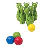 Kegel „Frosch“ aus Holz, mit 6 Kegeln und 4 Kugeln, ein niedliches Frosch-Design begeistert  die Kleinsten, lustiger Kegelspaß für das Kinderzimmer oder den Garten