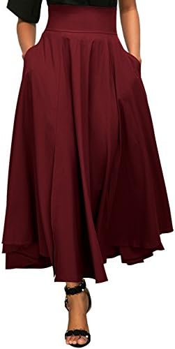 Aozen Women’s High Waist Long Skirt Front Slit Pleated Midi Skirt with Pockets E73-65053-Red-M