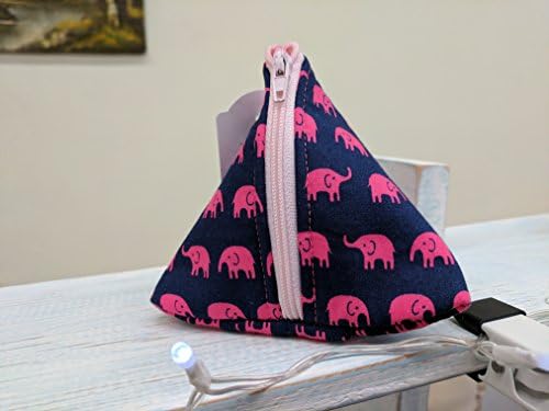 Elephant Mini Pouch Bag - Zip up Purse. Handmade zip up triangular purse made using a pretty Pink Elephant print on navy Blue background. Great stocking filler, perfect to use to carry money / small cosmetic items (lipstick, eyeshadow) / keys etc and this also comes with a Carabiner to attach to a belt loop, handbag, childs book bag etc.