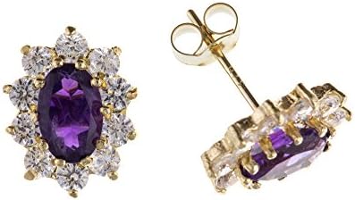 Unique Wishlist 9ct Yellow Gold Amethyst & Cubic Zirconia Oval Cluster Studs *AP6880