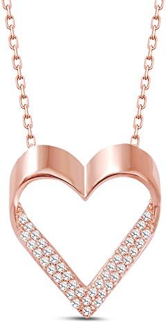 Women's Chain Necklace with Heart Cubic Zirconia 925 Silver Rose Gold Rhodium Plated
