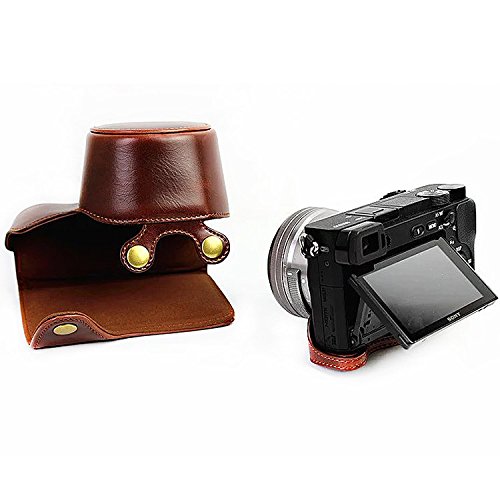 First2savvv XJD-A6300-HH10S10 Premium Qualität braun Ganzkörper- präzise Passform PU-Leder Kameratasche Fall Tasche Cover für Sony ILCE6300 A6300 mit 16-50mm Lens mit Kameragurt - 4