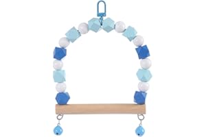 BLAUSKY 2 columpios para pájaros para mascotas, columpio de metal y madera para pájaros, color madera, juguete para pájaros, barra de asiento con campana, para periquitos, canarios, 13 x 18 cm, azul claro