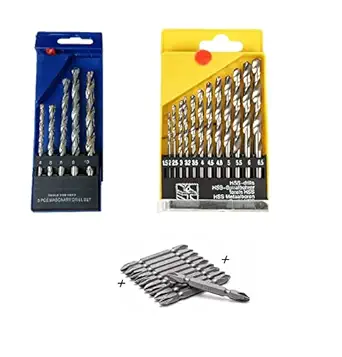 Gadget Deals Drill Bit Set of 13 for Wood, Malleable Iron, Aluminium, Plastic and Masonry with Set of 5 Pieces for Concrete and Brick Wall Drilling and Scredriver Bits Plus plus 10 Piece