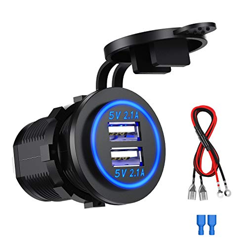 SONRU Cargador de Dos Puertos USB de 5V y 2.1A Cada Uno, con Tecnología, con Capucha Impermeable y a Prueba de Polvo para Coche Autobús Caravana Quad Motocicleta o Barco