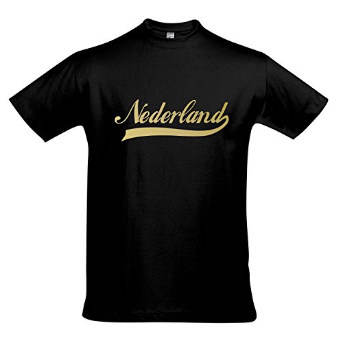 T-Shirt Nederland Oldschool Holland Oranje LÄNDERSHIRT EM / WM FAN Trikot S-XXL , Deep black – gold , XXL
