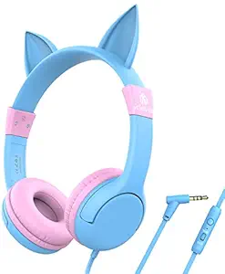 iClever Kids Headphones with Microphone, 85/94dB Volume Control, Cat Ear Hello Kitty Headphones for Boys Girls, Children Wired Headphones for School Blue Pink