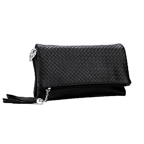 Donalworld Women Tassel Zipper Triple Compartment Leather Clutch Black Handbag Soft PU Leather Shoulder Handbag