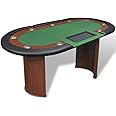 vidaXL 10-Player Poker Table with Removable Chip Tray and Cup Holders – Green Tabletop, Foam-padded Armrest, MDF Legs, Easy Assembly