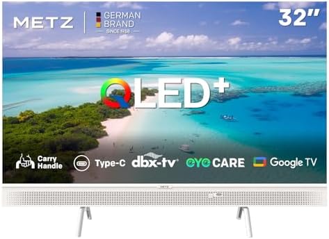 Metz 32 Pollici Smart TV, 32MQE7100Z Televisione Portatile, QLED, Power-C (Compatibile con Power Bank), HDR10, dbx-TV, Dolby Audio, Chromecast, Controllo Vocale,Tuner DVB-T/T2/C/S/S2/Analogico