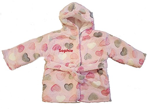 Personalised Embroidered 0-6 months Baby Girl's Bath Robe Dressing Gown House Coat with name Pink Hearts.