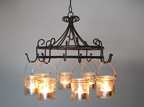 Windlichter, Gartenlaterne, kleiner Nostalgie-Hängeleuchter im Antik-Look, Metall dunkelbraun, Ø 32 cm mit 8 Windlichtern *Art.N70*