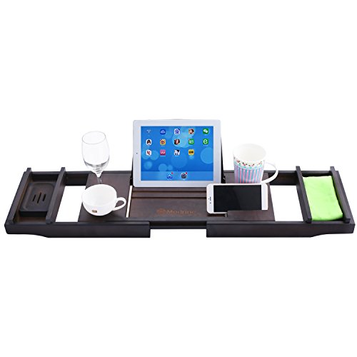 Preisvergleich Produktbild Nakey Bambus Badewannenablage ausziehbar, verstellbares Badewannenbrett mit Bücherregal, Handyhalter, Kerzenhalter, Seifenhalter, Zwei Herausnehmbaren Tabletts 75-111X23X4.5cm (BxTxH)