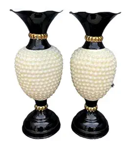 Zyrah Hand Crafted Black & White Pearl Design Cast Iron Floor Vase for Home and Office Decoration - 12 Inches Combo of 2