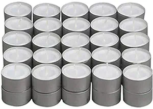 Amazon Brand - Gifts by AGNO Tealight Branded Diwali Diya SMOKELESS LON Burning T-Light Candles 50 Tea Lights White Colour