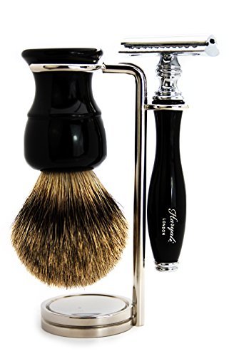 3 Pieces DE Safety Razor Set in Black. The Set Includes Pure Sliver Tip Badger Hair Brush, De Safety Razor and a Brush… - Image 3