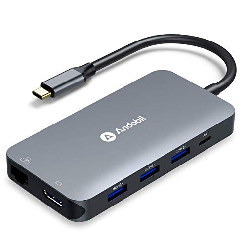 andobil 9-in-1 USB C Hub, Business Aluminum Dongle Type C Adapter with 4K HDMI, Ethernet Port, SD/TF, USB 3.0 Ports, PD Charging Port Compatible with MacBook Pro 2018/2017/2016 and More Type-C Laptops
