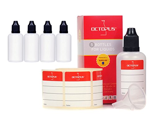 5 x 50 ml Octopus Tropfflaschen, zur Dosierung von Flüssigkeiten, E-Liquids, Augentropfen, leere LDPE Kunststoffflaschen transparent, Tropferflaschen mit schwarzen Tropfverschlüssen, mit Kindersicherung, inkl. 5 Beschriftungsetiketten
