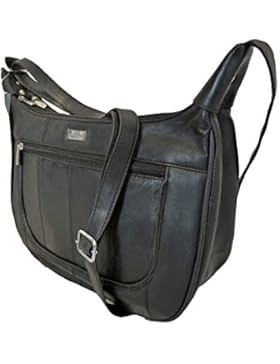 Damen Leder Schwarz Handtasche - Einzelband Schulter Satteltasche - 5 Reißverschlusstaschen - REGENSCHIRM Tasche...