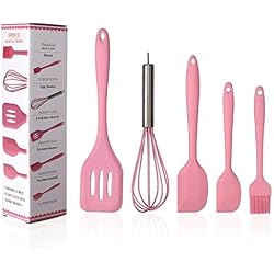 Hillento silicone ustensile de cuisine set ustensiles de cuisine 5 pcs silicone ustensiles de cuisine set spatules brosse outils de cuisine, facile à utiliser et propre, rose