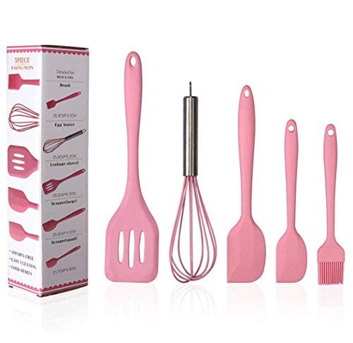 Hillento silicone ustensile de cuisine set ustensiles de cuisine 5 pcs silicone ustensiles de cuisine set spatules brosse outils de cuisine, facile à utiliser et propre, rose
