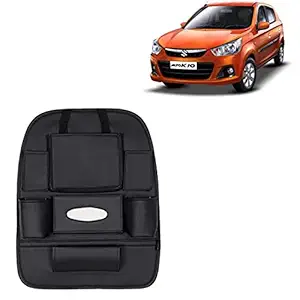 RD Universal PU Leather Car Auto Seat Back Organizer Multi Pocket Travel Storage Bag with Hangers, Tissue Paper and Bottle Holder-Black Colour Compatible for Maruti Suzuki Alto K10