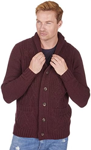 Urban Release Men's Chunky Cable Knit Cardigan - Winter Knitted Shawl Collar - Navy &amp; Burgundy - With Buttons &amp; Pockets - Sizes M-XXL