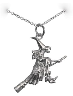 Silber–Anhänger 15x 25mm Hexe auf einem Griff A Besen. Ausgestattet mit einer Kette glänzend.