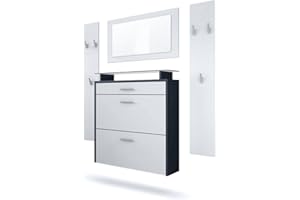 Vladon Malea Hallway Storage Set, Set da ingresso con 1 scarpiera a muro, 1 specchio a muro e 2 pannelli appendiabiti, antracite/bianco opaco