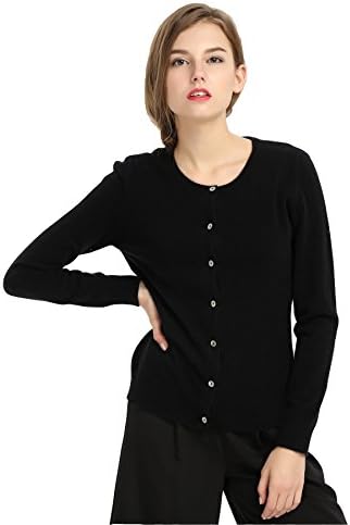 Miuk Women's Basic Slim Round Neck Long Sleeve 100% Cashmere Cardigan Sweater Black S