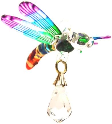 Rainbow Hand Blown &amp; Painted Glass Hanging Dragonfly with a Swarovski Crystal