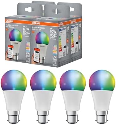 OSRAM SMART+ RGBW, lampada LED B22d con Matter over Wifi, appositamente progettata per ALEXA, sostituisce 60W, 2700-6500K, 16 milioni di colori RGB, confezione da 4 (non compatibile con app SMART+)