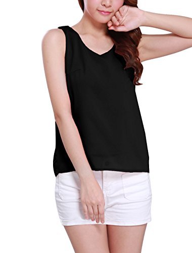Move&Moving(TM) Women Sweet Soft Deep V Neck Knot Back Chiffon Tank Top Black XS