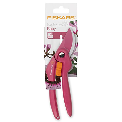 Fiskars Bypass-Gartenschere für frische Äste und Zweige, Länge 20 cm, Antihaftbeschichtet, Karbonstahl-Klingen/Kunststoff-Griffe, Pink/Orange, Inspiration, Ruby, P26, 1003657 - 2