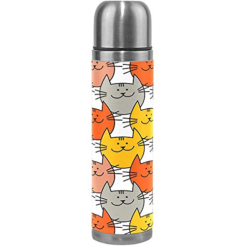 Hipster Simpatici Gatti Borraccia d'Acqua Acciaio Inossidabile A Prova di perdite Doppia Parete Isolata sottovuoto Tazza da caffè Tazza da Viaggio Copertura in Vera Pelle Tazza da 17 OZ