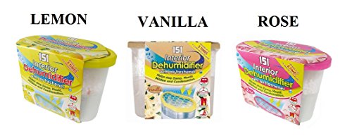 3 x Interior Portable Dehumidifier With Air Freshener Vanilla Rose Lemon De Humidifier Stop Moisture Damp Remover Mould Mildew Condensation Air Freshner Caravan Car Boat Home Office