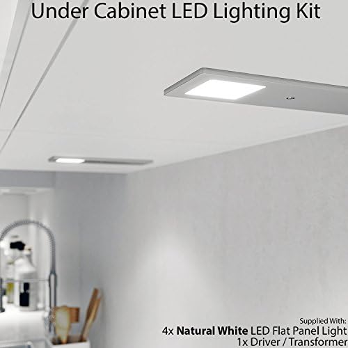 4 Pack | Bright 5W LED Low Profile Under Cabinet Panel Spot Lights & Driver Kit | Aluminium & Natural White | Kitchen Worktop Countertop Cupboard Unit Down Light | Modern Slim Lighting Fitting