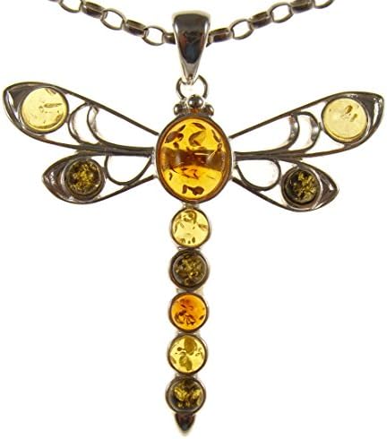 Baltic amber and sterling silver 925 multi-coloured dragonfly pendant necklace with 1mm Italian sterling silver 925 snake chain