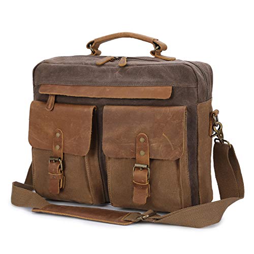 Preisvergleich Produktbild Umhängetasche Herren Messenger Bag Leder Arbeitstasche Wasserdichte Canvas Aktentasche Vintage Laptop Tasche Groß 15.6 Zoll Notebooktasche - Braun