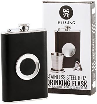Heesung Shot Flask - Stainless Steel 8 Ounce Hip Whiskey Flask Gift Set with a Built-in Collapsible 2 Oz Shot Glass ,Bonus Stainless Steel Flask Funnel - 8 oz Hip Flask With Premium Black PU Leather
