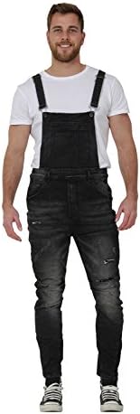 Highness Slim Fit Mens Dungarees - Distressed Black Denim Creased Carrot Fit Bib Overalls ARCHIE-34W