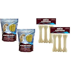 Meat Up Munchy Sticks, Chicken Flavour, Dog Treats, 400 g (Buy 1 Get 1 Free) & Meat Up Pressed Chew Bones, 6 inches - Pack of 3 Bones (Buy 1 Get 1 Free)