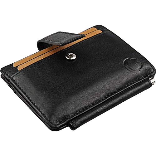 Carteras Hombre de Piel auténtica con Pinza para Billetes - Pequeño Tarjetero Hombre con protección RFID, Cierre de Seguridad y Visor para DNI