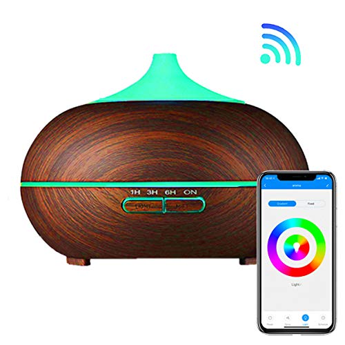 Difusor de Aromas Inteligente Wifi Si Smart, Humidificador aromatizador Ultrasónico para Aceites Esenciales 300 ml, multicolor LED. Compatible con Smart Life, Alexa y Google Home.