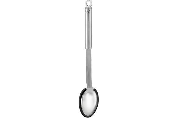 RÖSLE Cuillère Droite Siliconée, Cuillère à Sauce Haut de Gamme avec Bord en Silicone et Manche Rond, Acier Inoxydable 18/10, Passe au Lave-Vaisselle, Argenté/Noir.