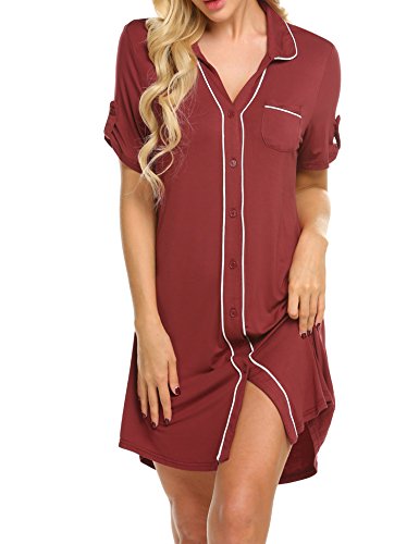 Preisvergleich Produktbild MAXMODA Damen Schlafrock Modal Nachthemd Lose Negligee Nachtwäsche Sleepshirt Freizeitanzug Weinrot XXL