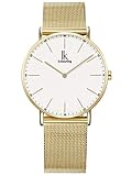 Alienwork Damen Herren Armbanduhr Quarz Gold mit Milanaise Mesh-Armband Edelstahl Weiss Ultra-flach Slim-Uhr