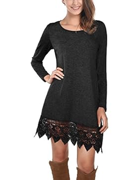 DJT Damen Jersey Kleid Wickelkleid Einfarbig Rundkragen Spitzenkleid