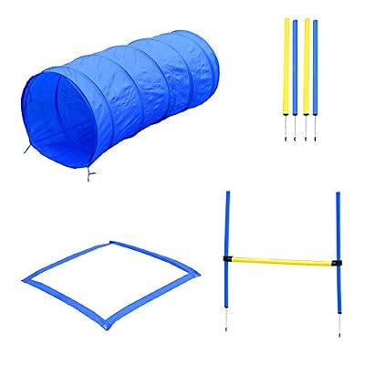 PawHut Agility Sport pour Chiens Equipement Complet Obstacles, Tunnel, Slalom, Zone Repos + 2 Sacs de Transport Bleu Jaune