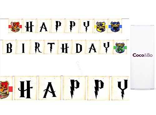 1 x Coco & Bo – Hogwarts Häuser – Wimpelkette Happy Geburtstag Banner 1,8 m lang – Gryffindor, Hufflepuff, Ravenclaw und Slytherin – Magical WIZARDING Harry Potter Thema Party Zimmerdekoration